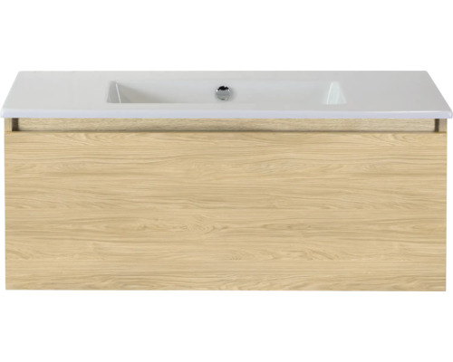 SANOX Badkamermeubelset Frozen casella oak 100 cm met één lade incl. keramische wastafel zonder kraangat Wastafelonderkast met licht houten decor