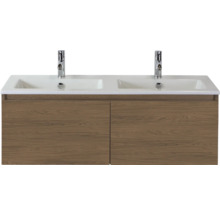 Wastafelonderkast met twee wastafels en twee kranen