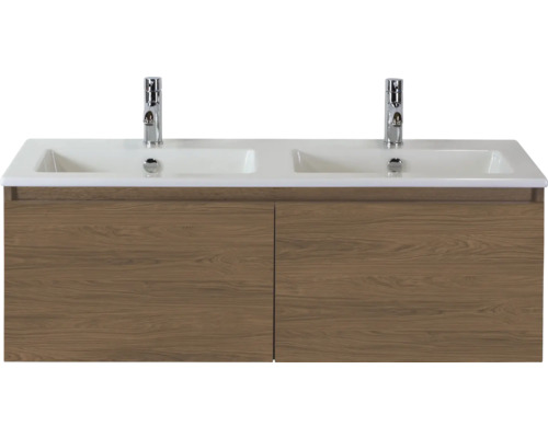 SANOX Badkamermeubelset Frozen honey 120 cm met twee lades incl. dubbele keramische wastafel met twee kraangaten Wastafelonderkast met twee wastafels en twee kranen