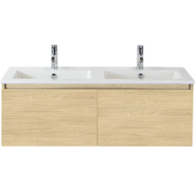 Wastafelonderkast met twee wastafels en twee kranen