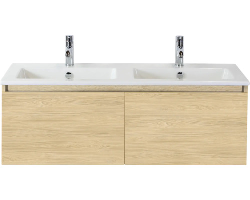 Wastafelonderkast met twee wastafels en twee kranen
