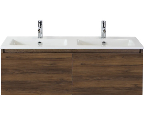 Wastafelonderkast met twee wastafels en twee kranen