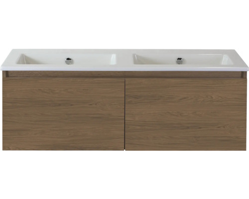 SANOX Badkamermeubelset Frozen honey 120 cm met twee lades incl. dubbele keramische wastafel zonder kraangat Wastafelonderkast met twee wastafels en houten front
