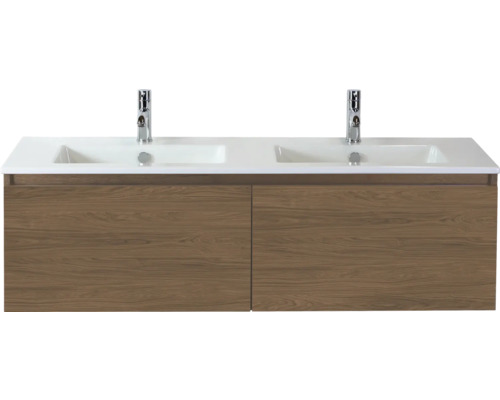 SANOX Badkamermeubelset Frozen honey 140 cm (100/40) met twee lades incl. dubbele keramische wastafel met twee kraangaten Wastafelmeubel met twee wastafels en houten onderkast