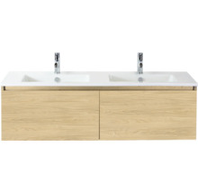 Dubbele wastafel met houten onderkast en twee wasbakken