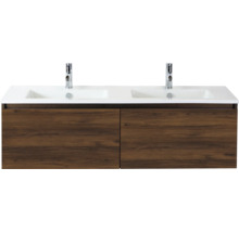 Wastafelonderkast met twee wastafels en houten decor