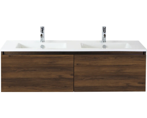 Wastafelonderkast met twee wastafels en houten decor