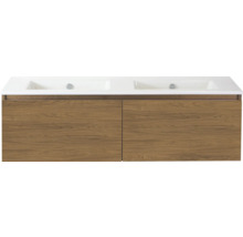 Wastafelonderkast met twee wastafels en houten voorkant