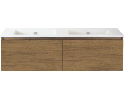 SANOX Badkamermeubelset Frozen honey 140 cm met twee lades incl. dubbele keramische wastafel zonder kraangat Wastafelonderkast met twee wastafels en houten voorkant