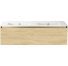 Wastafelonderkast met twee wastafels en houten voorkant