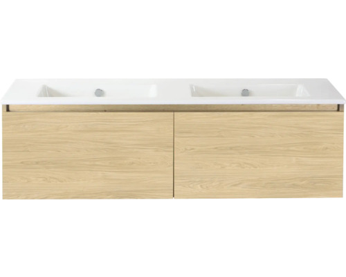 SANOX Badkamermeubelset Frozen casella oak 140 cm met twee lades incl. dubbele keramische wastafel zonder kraangat Wastafelonderkast met twee wastafels en houten voorkant
