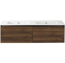 Wastafelonderkast met twee wastafels en houten decor