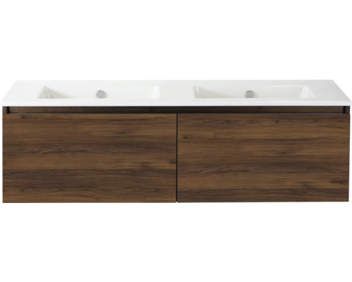 SANOX Badkamermeubelset Frozen walnoot 140 cm met twee lades incl. dubbele keramische wastafel zonder kraangat Wastafelonderkast met twee wastafels en houten decor