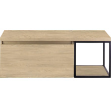 Detail van een meubelstuk met houtlook en zwart metalen frame