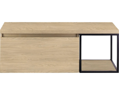 SANOX Badkamermeubelset voor waskom Frozen casella oak 120 cm (80/40) met één lade incl. bovenblad casella oak Detail van een meubelstuk met houtlook en zwart metalen frame