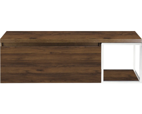 Houtkleurige wastafelonderkast met metalen frame voor de badkamer.