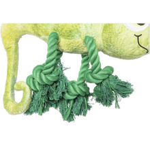 Gedetailleerd beeld van een groene pluche kameleon met touwspeelgoed