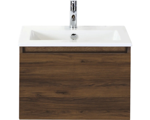 SANOX Badkamermeubelset Frozen walnoot 60 cm met één lade incl. keramische wastafel met één kraangat Wastafelonderkast met wastafel en kraan