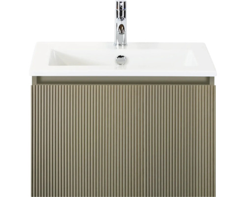 SANOX Badkamermeubelset Frozen 3D olive 60 cm met één lade incl. keramische wastafel met één kraangat Wastafelmeubel met geribbelde voorkant en kraan