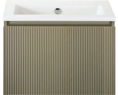 SANOX Badkamermeubelset Frozen 3D olive 60 cm met één lade incl. keramische wastafel zonder kraangat Onderkast met wastafel en verticaal geribbelde voorkant