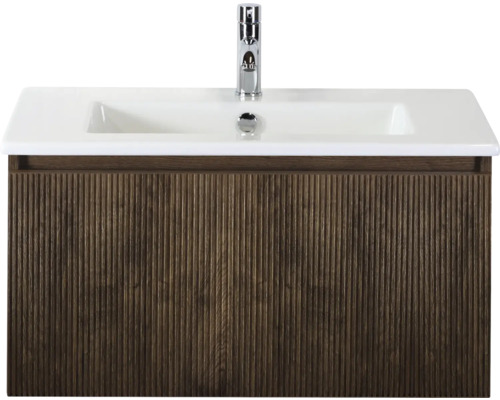 SANOX Badkamermeubelset Frozen 3D dark oak 80 cm met één lade incl. keramische wastafel met één kraangat Wastafelonderkast met wastafel en kraan voor de badkamer