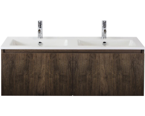 SANOX Badkamermeubelset Frozen 3D dark oak 120 cm met twee lades incl. dubbele keramische wastafel met twee kraangaten Wastafelonderkast met twee wastafels en kranen