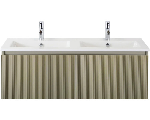 Wastafelonderkast met twee wastafels en twee kranen