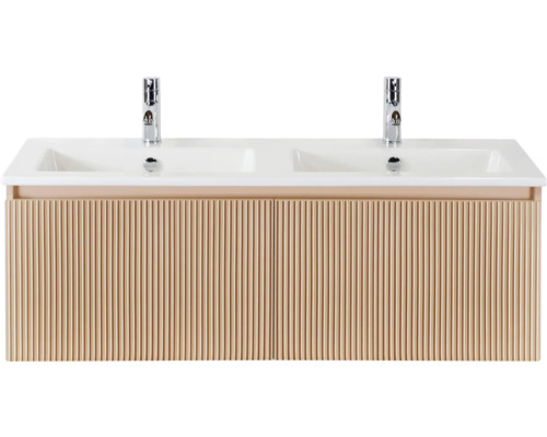 SANOX Badkamermeubelset Frozen 3D peach 120 cm met twee lades incl. dubbele keramische wastafel met twee kraangaten Wastafelonderkast met twee wastafels en twee kranen