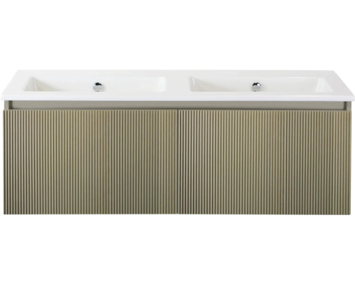 SANOX Badkamermeubelset Frozen 3D olive 120 cm met twee lades incl. dubbele keramische wastafel zonder kraangat Wastafelonderkast met twee wastafels