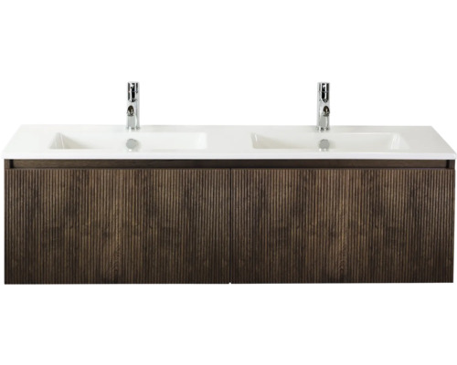 SANOX Badkamermeubelset Frozen 3D dark oak 140 cm met twee lades incl. dubbele keramische wastafel met twee kraangaten Wastafelonderkast met twee wastafels en houten voorkant