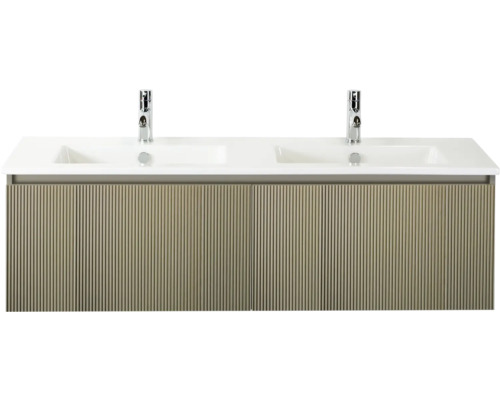 SANOX Badkamermeubelset Frozen 3D olive 140 cm met twee lades incl. dubbele keramische wastafel met twee kraangaten Wastafelonderkast met twee wastafels en kranen