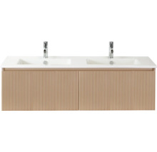 Wastafelonderkast met twee wastafels en kranen