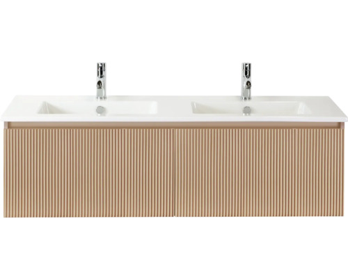 SANOX Badkamermeubelset Frozen 3D peach 140 cm met twee lades incl. dubbele keramische wastafel met twee kraangaten Wastafelonderkast met twee wastafels en kranen