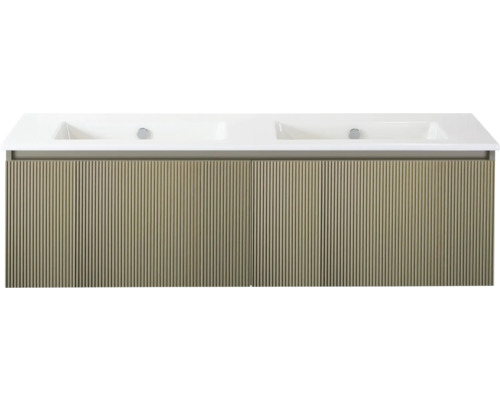 SANOX Badkamermeubelset Frozen 3D olive 140 cm met twee lades incl. dubbele keramische wastafel zonder kraangat Onderkast met dubbele wastafel en geribbelde voorkant