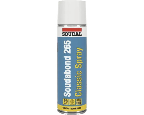 Soudal Logo. Soudabond 265 contact spraybus. Veilige contact spray.