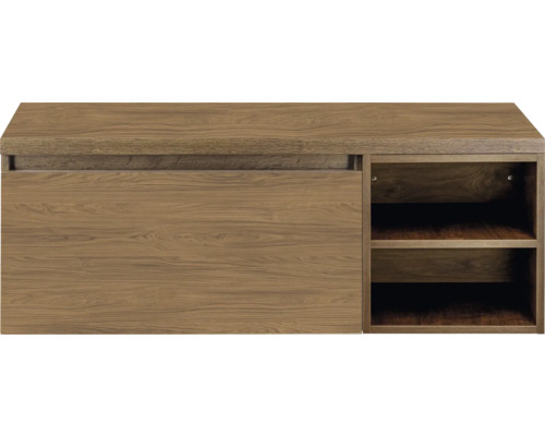 SANOX Badkamermeubelset voor waskom Frozen honey 120 cm (80/40) met één lade incl. bovenblad honey Houten kast met schuifdeur en planken