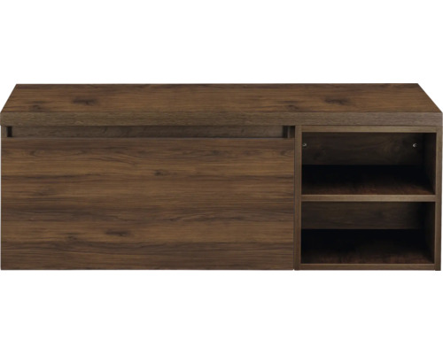 SANOX Badkamermeubelset voor waskom Frozen walnoot 120 cm (80/40) met één lade incl. bovenblad walnoot Houten schoenenkast met schuifdeur en planken