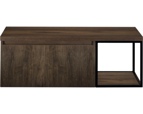 SANOX Badkamermeubelset voor waskom Frozen 3D dark oak 120 cm (80/40) met één lade incl. bovenblad dark oak Houtkleurige hangwastafelonderkast met geribbelde voorkant en open vak