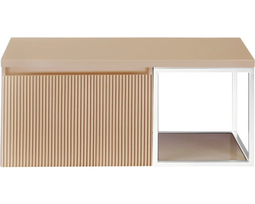 Beige tafel met lamellenstructuur en metalen frame