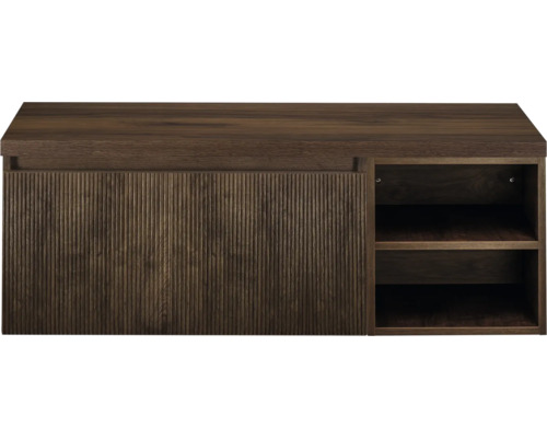 SANOX Badkamermeubelset voor waskom Frozen 3D dark oak 100 cm (60/40) met één lade incl. bovenblad dark oak Hangende onderkast met geribbeld patroon en open planken