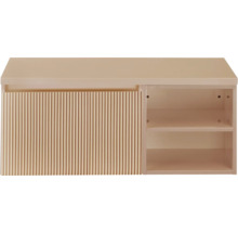 Hangende badkamerkast met een deur met ribbelpatroon en open schappen