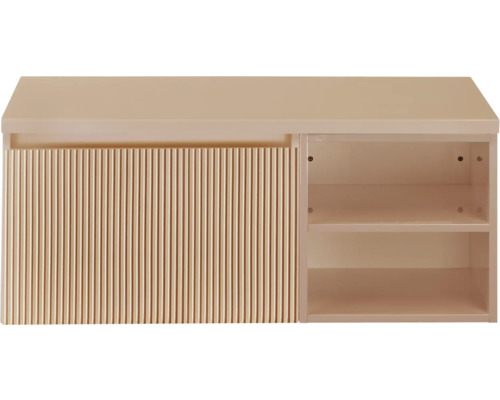 Hangende badkamerkast met een deur met ribbelpatroon en open schappen