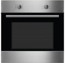 Roestvrijstalen inbouwoven met zwarte glazen deur en draaiknoppen