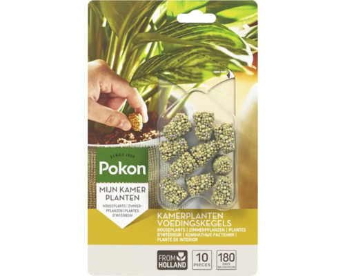 Pokon kamerplanten voeding kegels verpakking met plant en hand