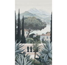 Illustratie van een mediterraan landschap met huizen, cipressen en bergen op de achtergrond