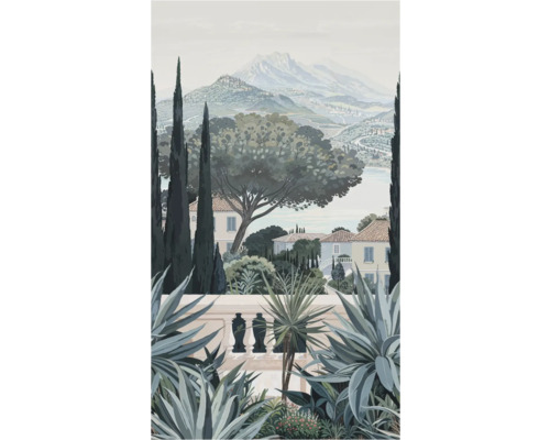 A.S. CRÉATION Fotobehang vlies 79015-8 steden strand en zee 159x280 cm Illustratie van een mediterraan landschap met huizen, cipressen en bergen op de achtergrond