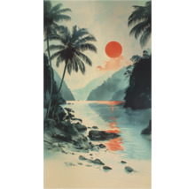 Illustratie van een kustlandschap met palmbomen en zonsondergang