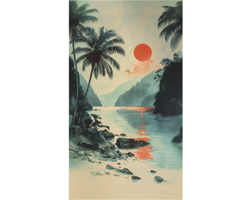 Illustratie van een kustlandschap met palmbomen en zonsondergang