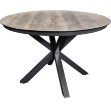 Ronde eettafel met houten blad en metalen onderstel