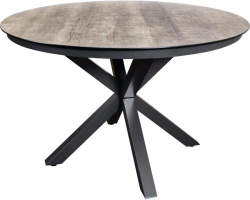 Ronde eettafel met houten blad en metalen onderstel